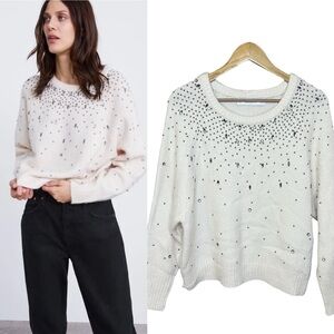 Zara Knit Cream Beaded Sweater Silver Embellishments S Scoop Jewelled Top